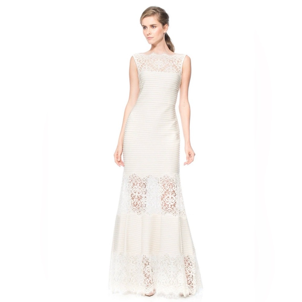 Tadashi Shoji Cream Illusion Lace Pintuck Gown Wedding Dress SZ PXL NWT!